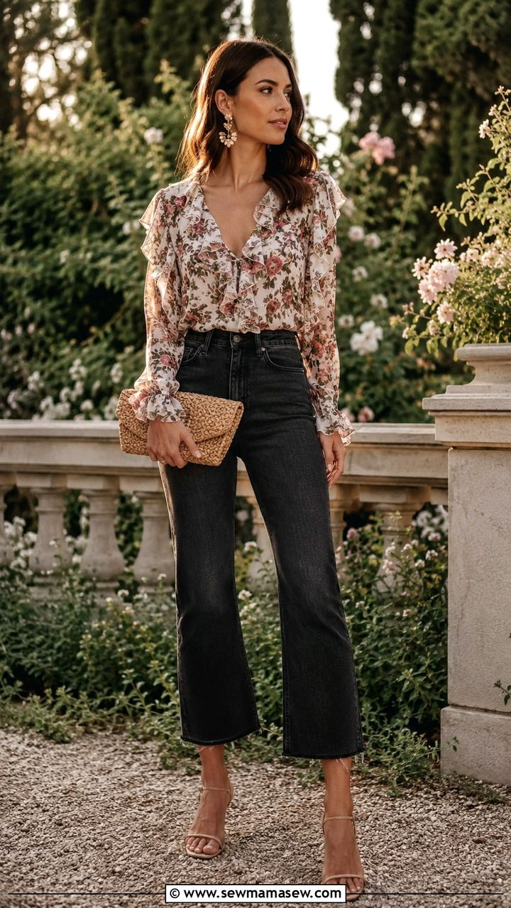 Black Wash Jeans With Blouse and Heeled Sandals - 25 Black wash jeans outfit ideas