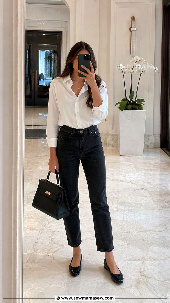 Black Wash Jeans With Button Down Shirt and Ballet Flats - 25 Black wash jeans outfit ideas