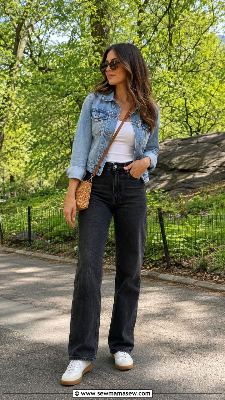 Black Wash Jeans With Denim Jacket and White Sneakers - 25 Black wash jeans outfit ideas