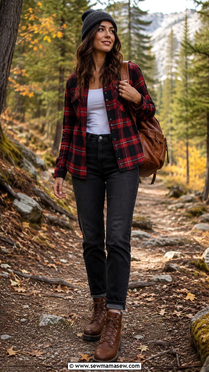 Black Wash Jeans With Flannel Shirt and Hiking Boots - 25 Black wash jeans outfit ideas