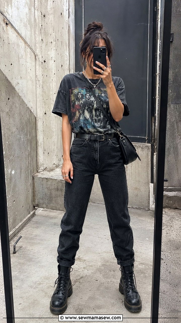 Black Wash Jeans With Graphic Tee and Combat Boots - 25 Black wash jeans outfit ideas