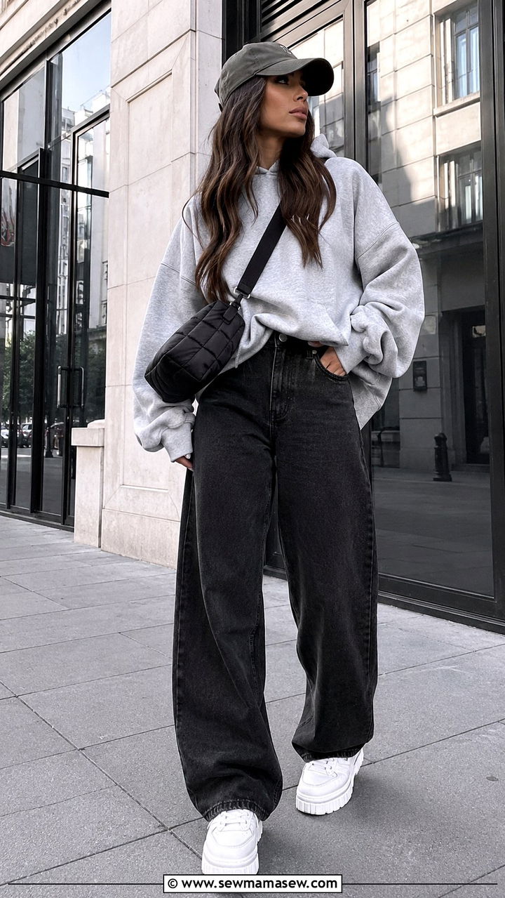 Black Wash Jeans With Hoodie and Chunky Sneakers - 25 Black wash jeans outfit ideas