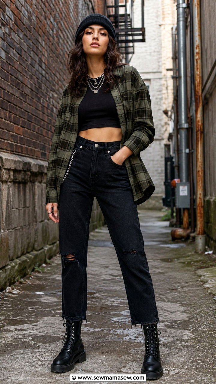 Black Wash Jeans With Plaid Shirt and Combat Boots - 25 Black wash jeans outfit ideas