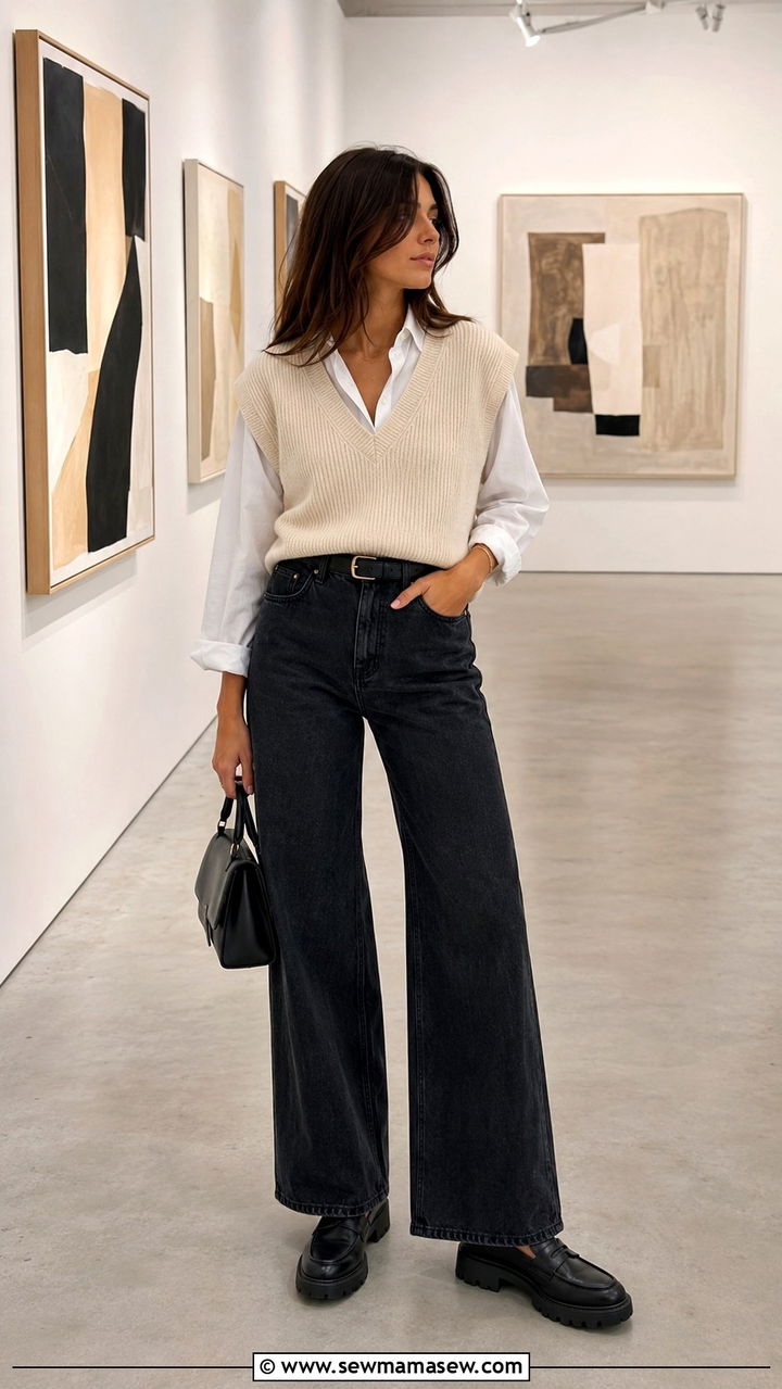 Black Wash Jeans With Sweater Vest and Loafers - 25 Black wash jeans outfit ideas