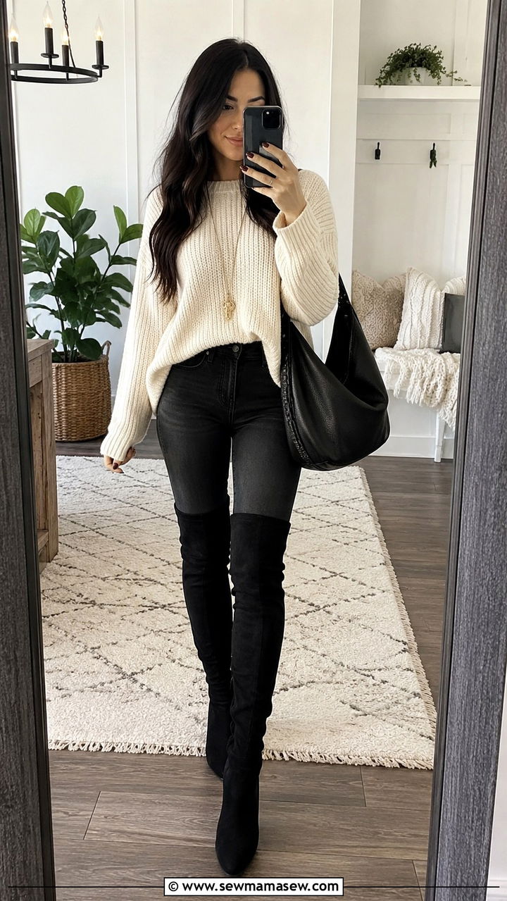 Black Wash Jeans With Sweater and Over the Knee Boots - 25 Black wash jeans outfit ideas