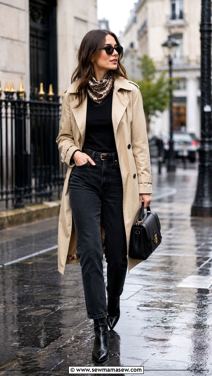 Black Wash Jeans With Trench Coat and Ankle Boots - 25 Black wash jeans outfit ideas