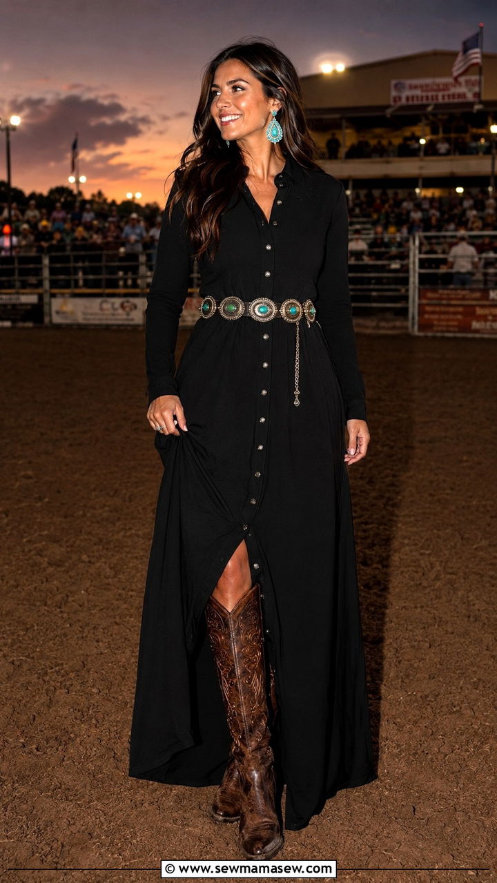 Black Western Maxi Dress With Turquoise Concho Belt - 25 Western outfit ideas for women 2026