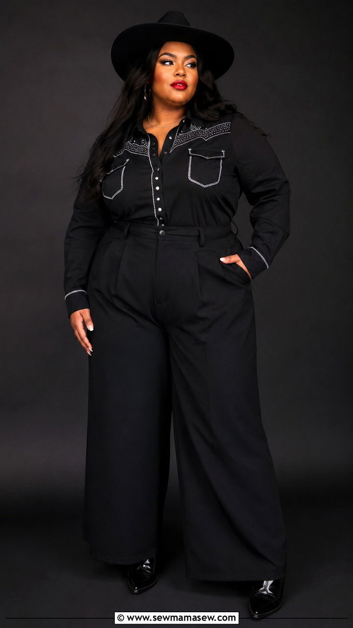 Black Western Shirt and Wide Leg Trousers - 25 Plus size outfit ideas western