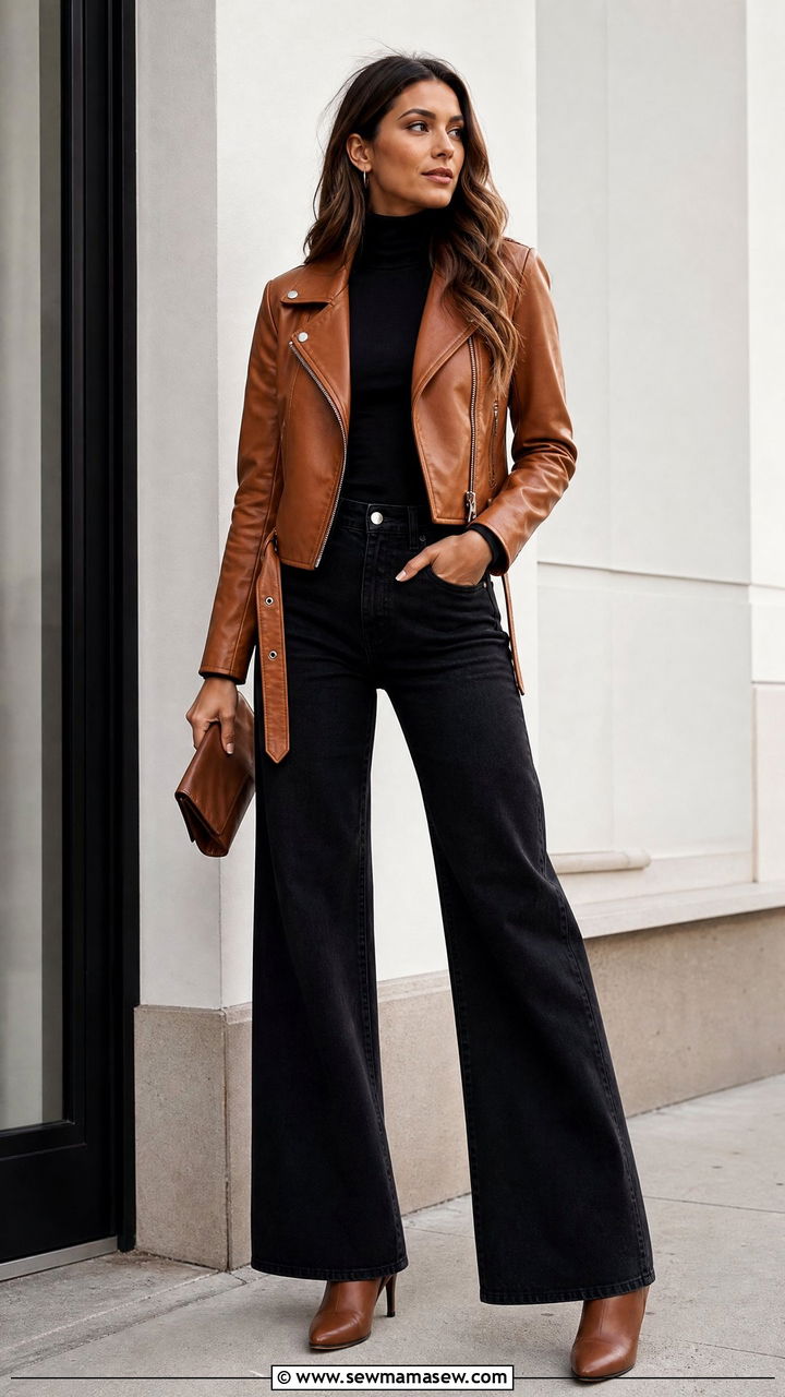 Black Wide Leg Jeans And Moto Jacket - 25 jeans outfits aesthetic