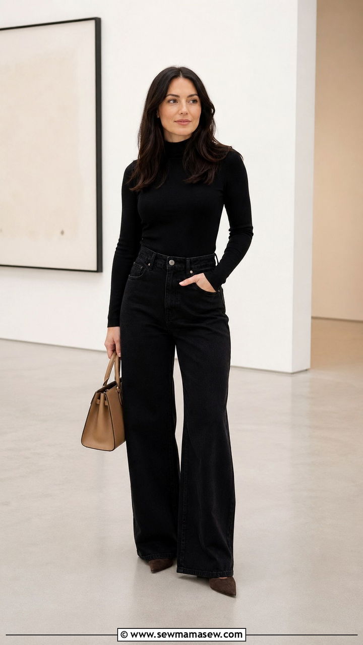 Black Wide Leg Jeans Turtleneck Outfit - 40 black jeans outfit ideas