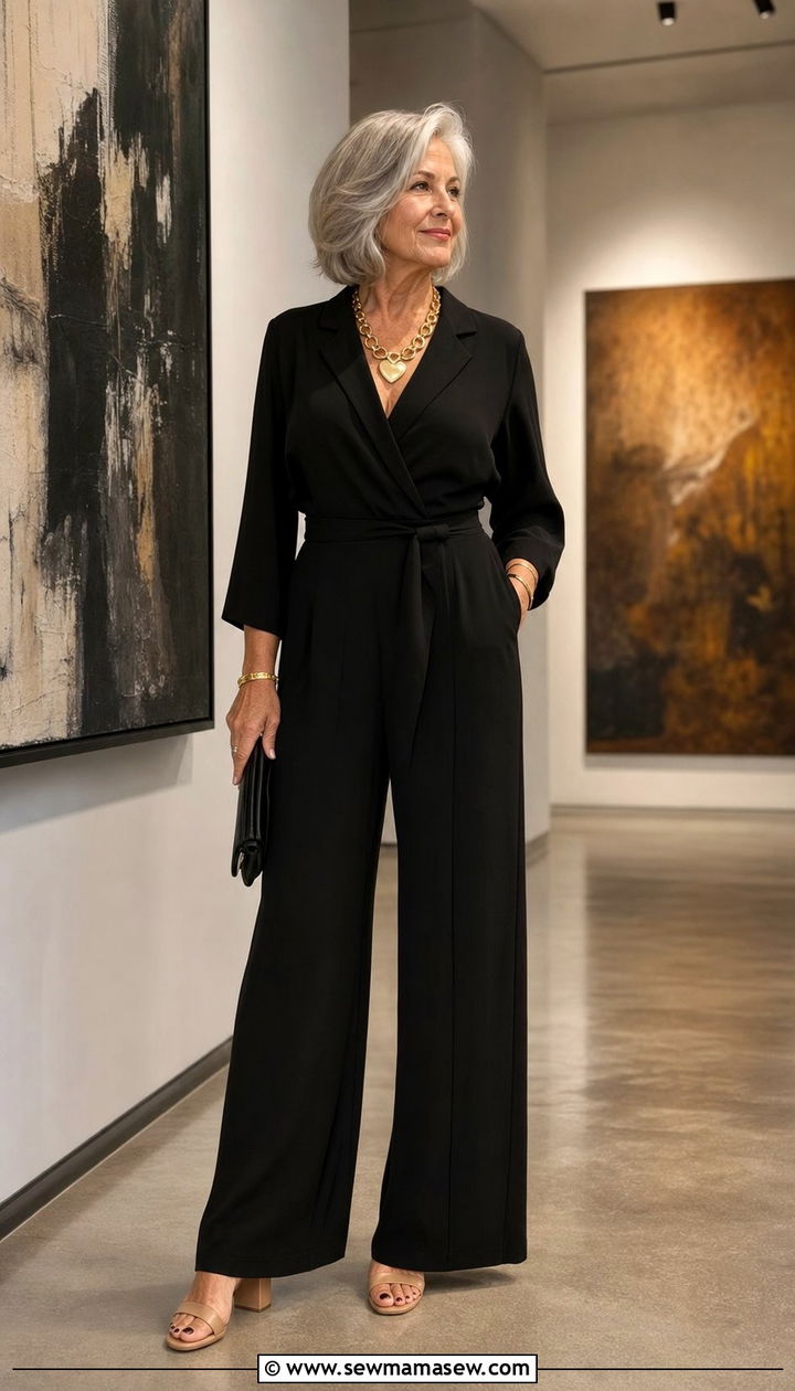 Black Wide Leg Jumpsuit With Nude Heels and Statement Necklace - 35 Business casual outfits for women over 60