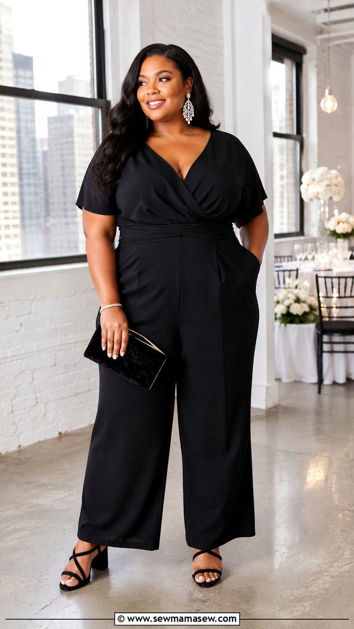 Black Wide Leg Jumpsuit With Statement Earrings And Block Heels - 25 Wedding guest outfit ideas size 22
