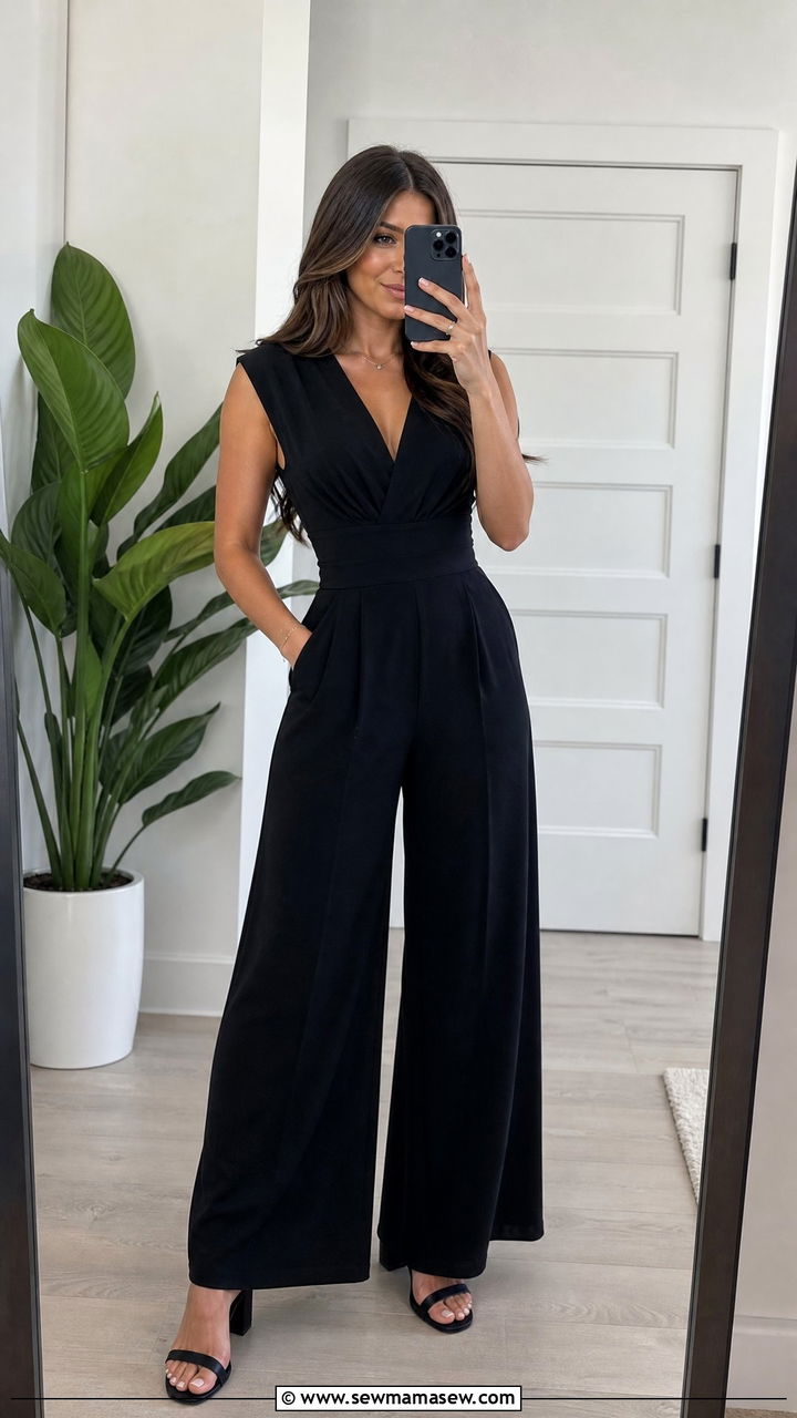 Black Wide Leg Jumpsuit with Block Heel Sandals - 25 Graduation photo shoot outfit ideas