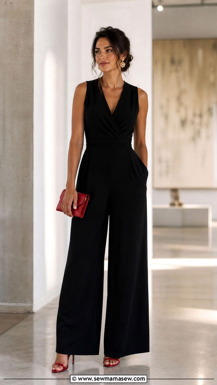 Black Wide Leg Jumpsuit with Colorful Heels - 40 Summer 2026 wedding guest outfit ideas