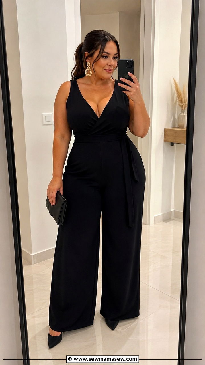 Black Wide Leg Jumpsuit with Statement Earrings - 30 plus size dinner outfit ideas