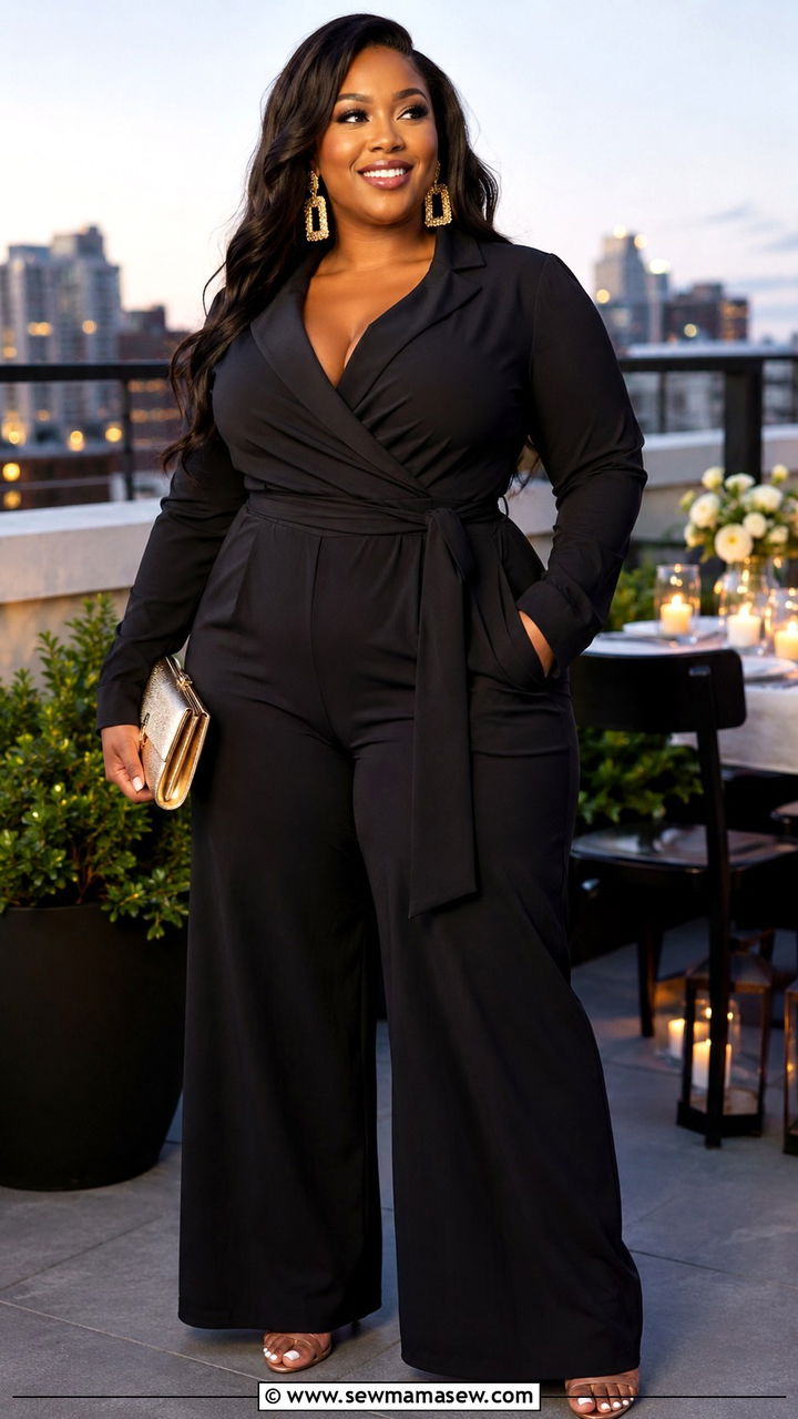 Black Wide Leg Jumpsuit with Statement Earrings - 30 Plus size birthday outfit ideas