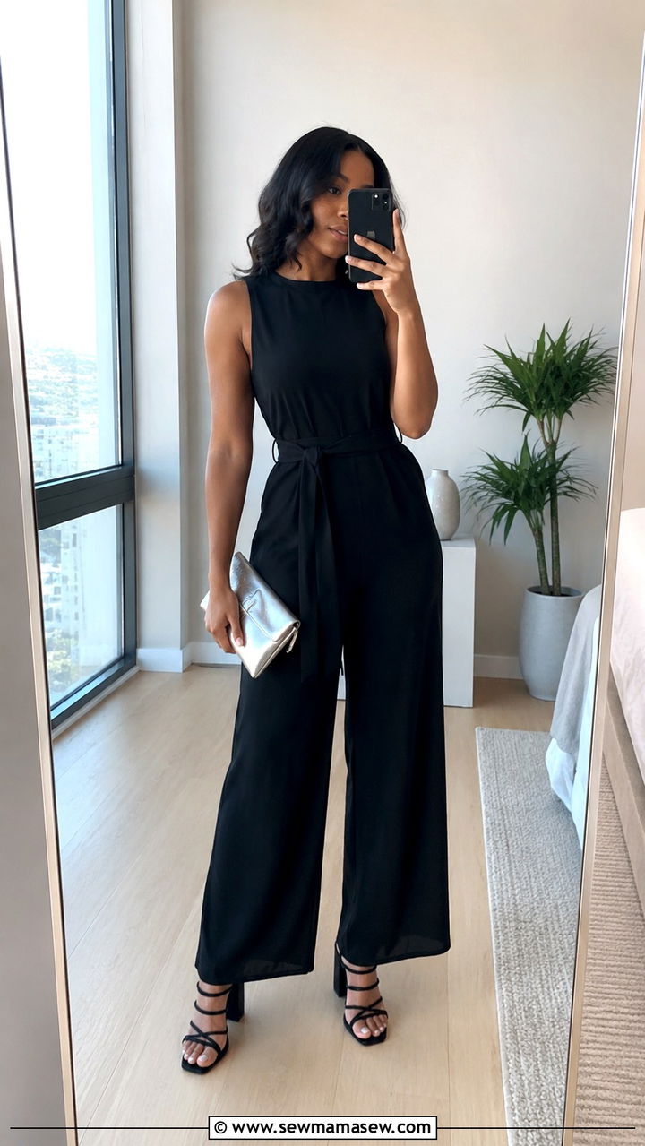 Black Wide Leg Jumpsuit with Strappy Heels - 30 graduation outfits ideas