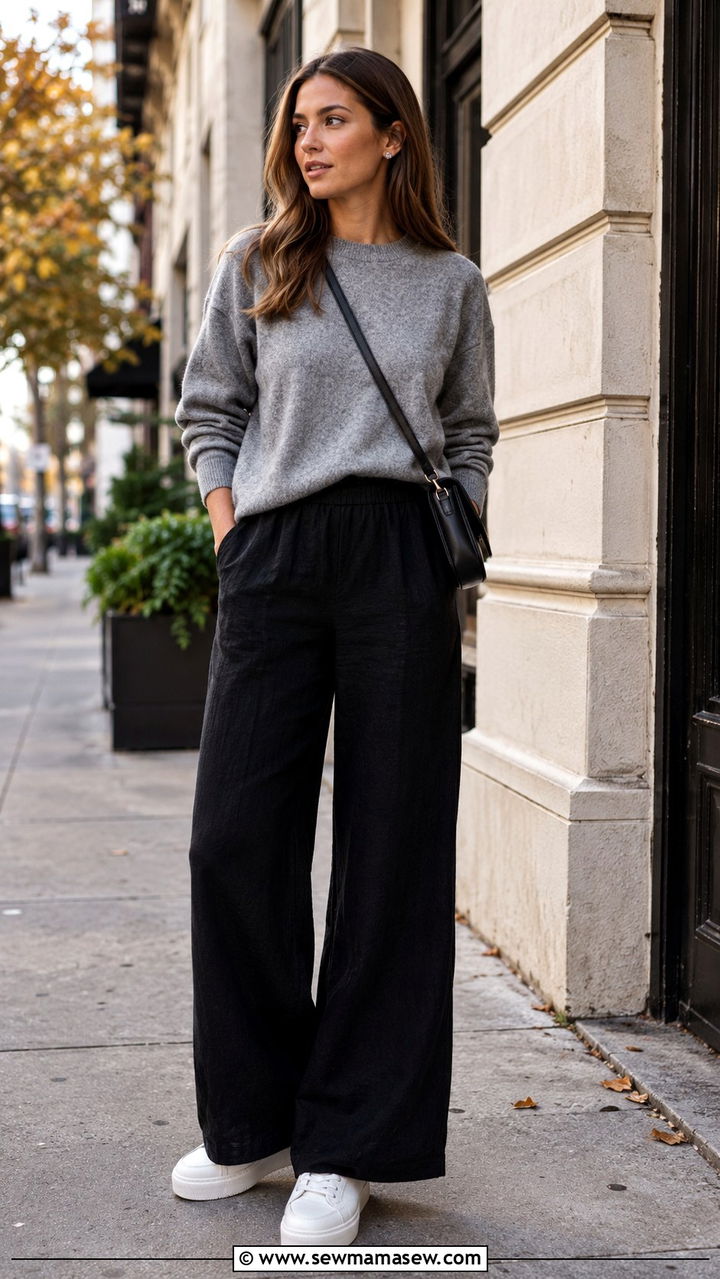 Black Wide Leg Linen Pants With Gray Sweater And Sneakers - 25 Wide leg linen pants outfit ideas with sneakers