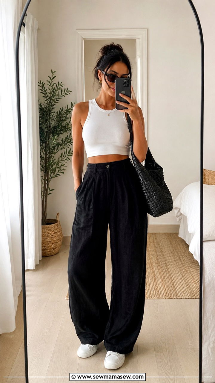 Black Wide Leg Linen Pants With White Crop Top - 25 Wide leg linen pants outfit ideas with a crop top