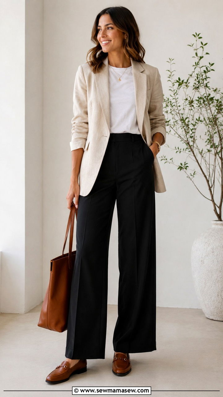 Black Wide Leg Pants With Blazer and Loafers - 25 Wide leg black pants outfit ideas for summer