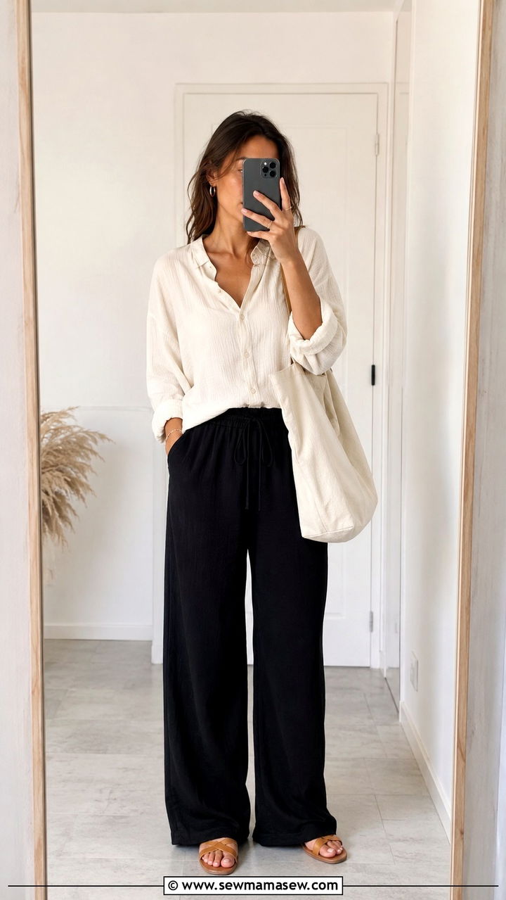 Black Wide Leg Pants With Flat Sandals and Tote - 25 Wide leg black pants outfit ideas for summer