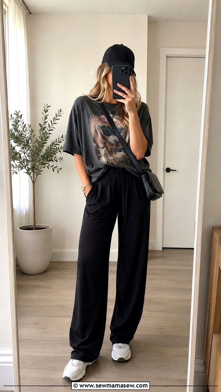 Black Wide Leg Pants With Graphic Tee and Sneakers - 25 Wide leg black pants outfit ideas for summer