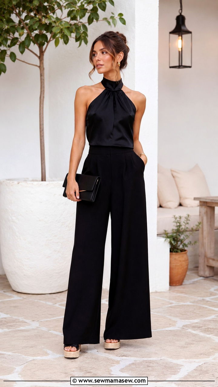 Black Wide Leg Pants With Halter Top - 25 Wide leg black pants outfit ideas for summer