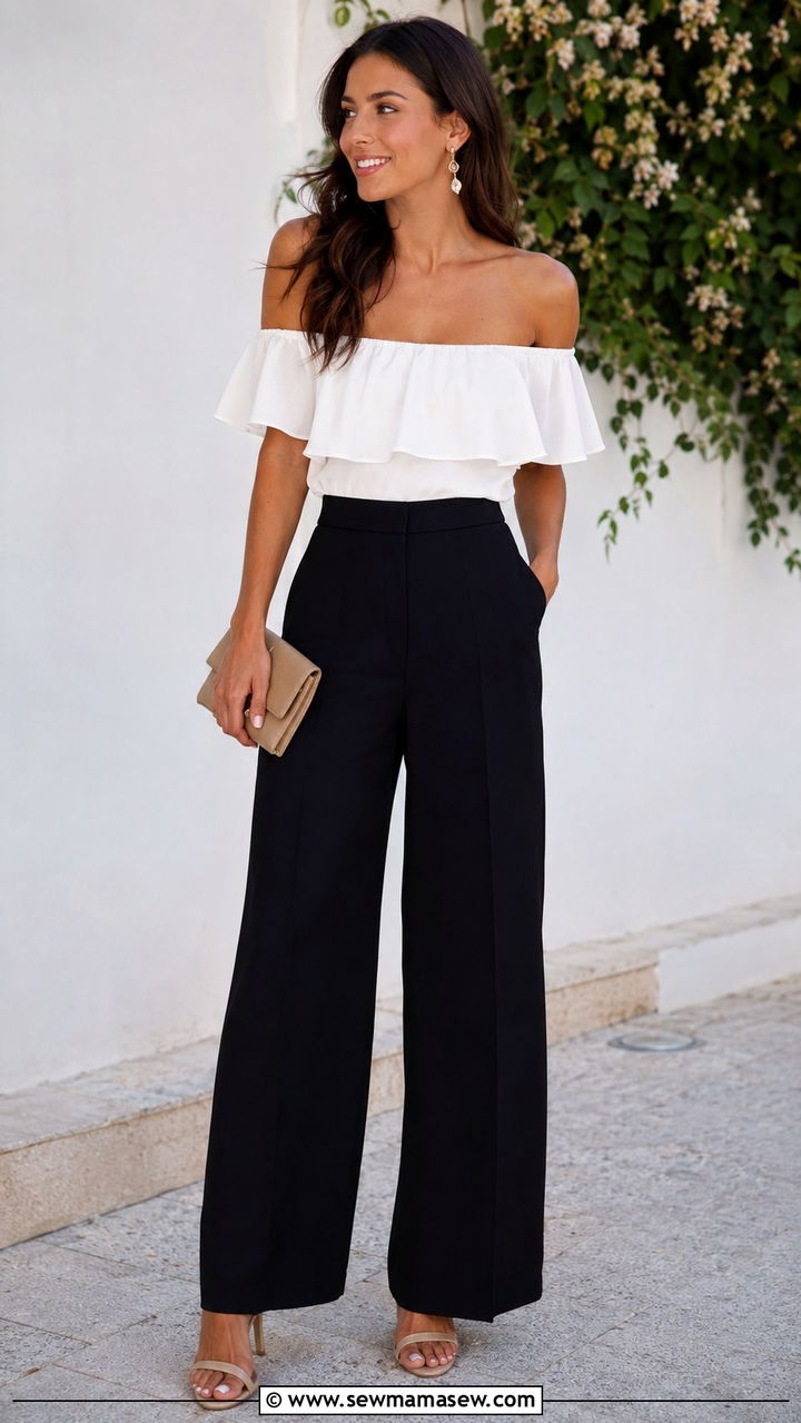 Black Wide Leg Pants With Off Shoulder Top - 25 Wide leg black pants outfit ideas for summer