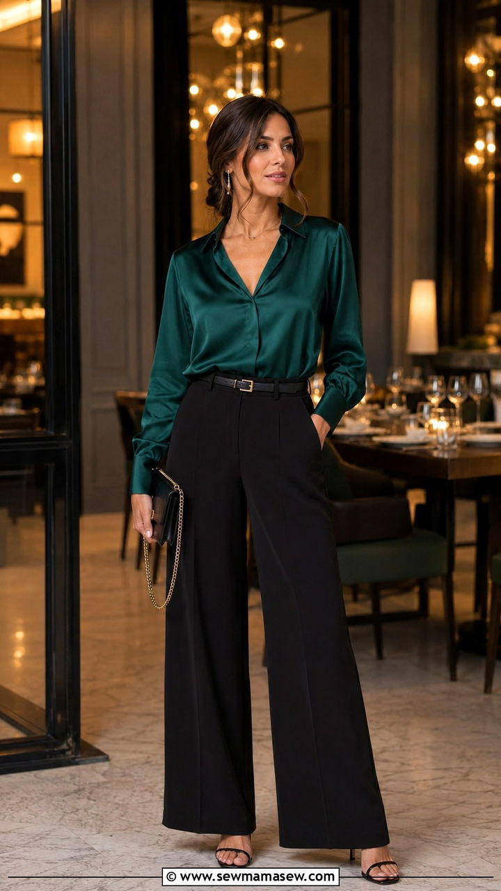 Black Wide Leg Pants With Satin Blouse - 30 Modest outfit ideas with wide leg pants