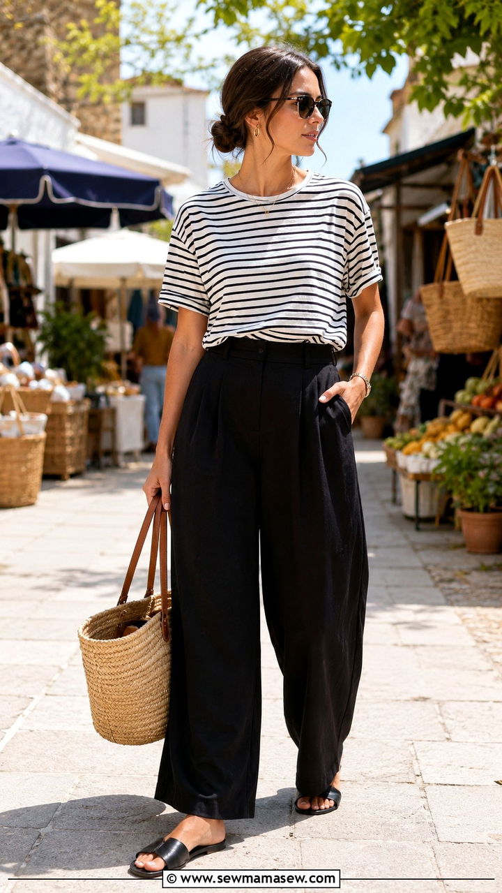 Black Wide Leg Pants With Striped Tee - 25 Wide leg black pants outfit ideas for summer
