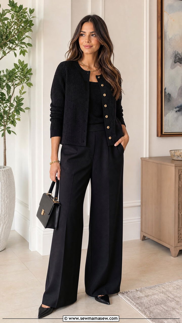 Black Wide Leg Pants With Textured Cardigan Set - 30 Modest outfit ideas with wide leg pants