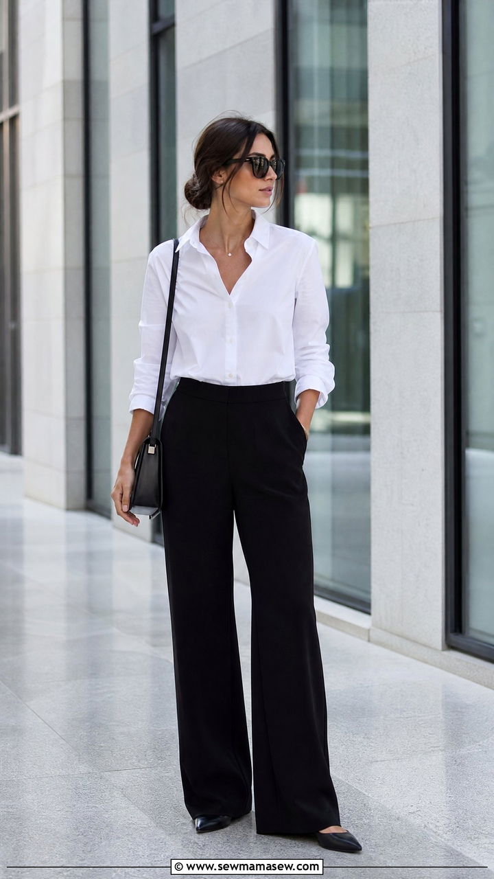 Black Wide Leg Pants With White Button Down Shirt - 30 summer wide leg pants outfit ideas