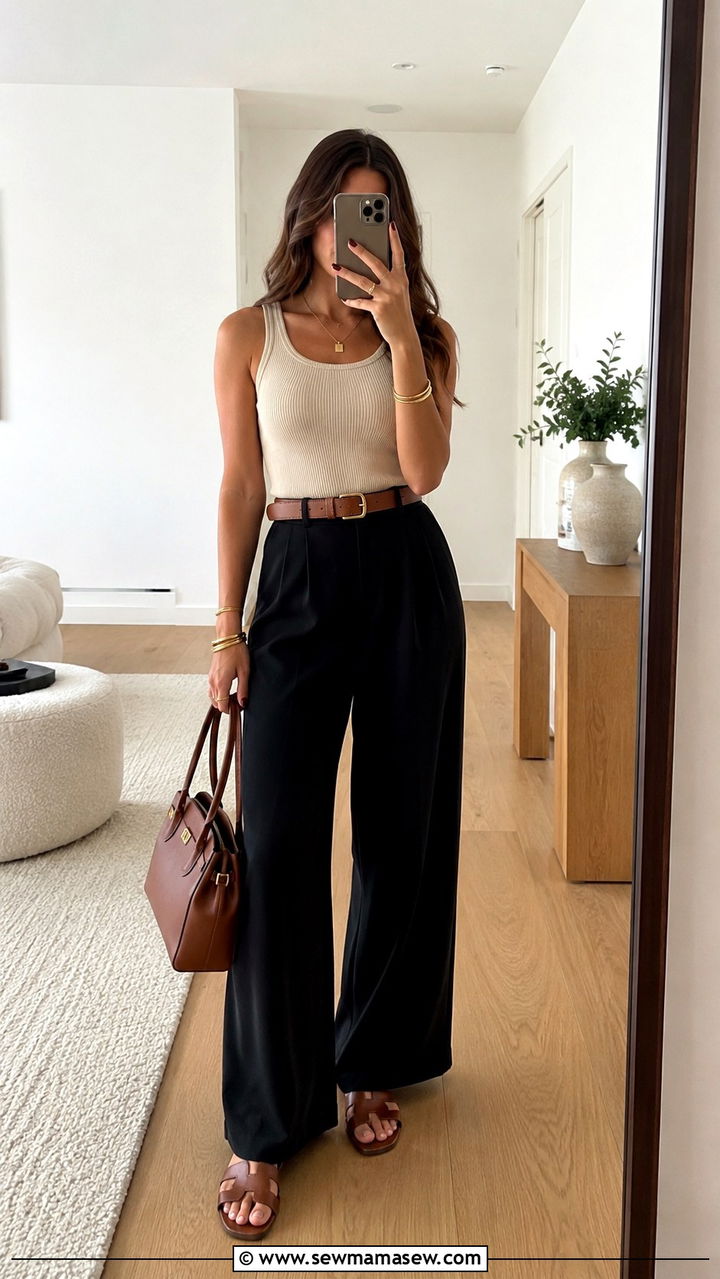 Black Wide Leg Pants with Beige Tank and Brown Accessories - 25 Wide leg black pants outfit ideas with a tank top