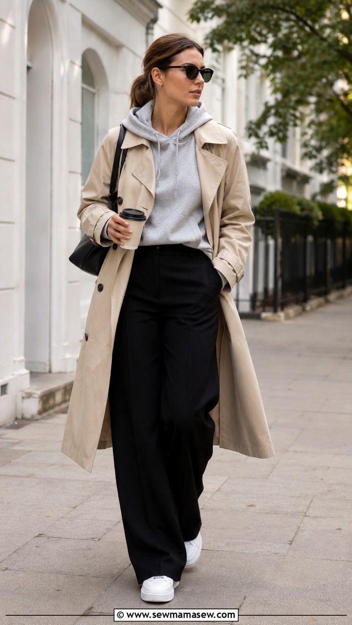 Black Wide Leg Pants with Beige Trench Coat and White Sneakers - 25 Wide leg black pants outfit ideas with a trench coat