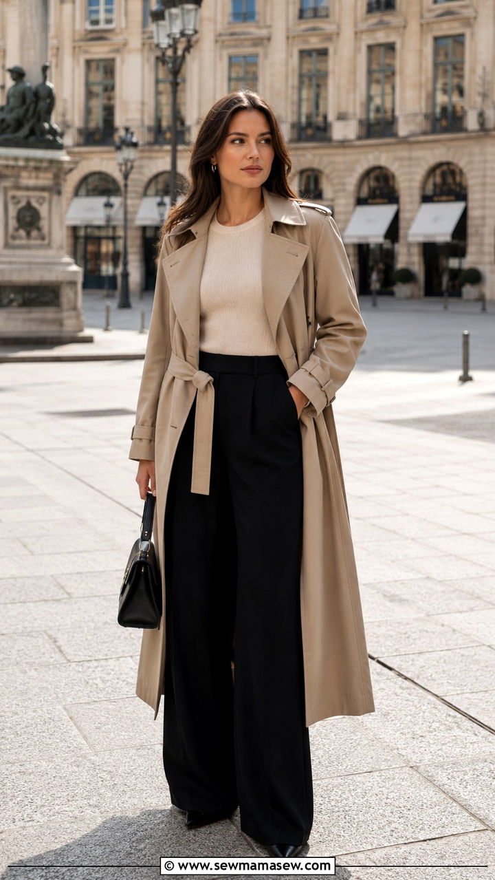 Black Wide Leg Pants with Belted Trench Coat Outfit - 25 Wide leg black pants outfit ideas with a trench coat