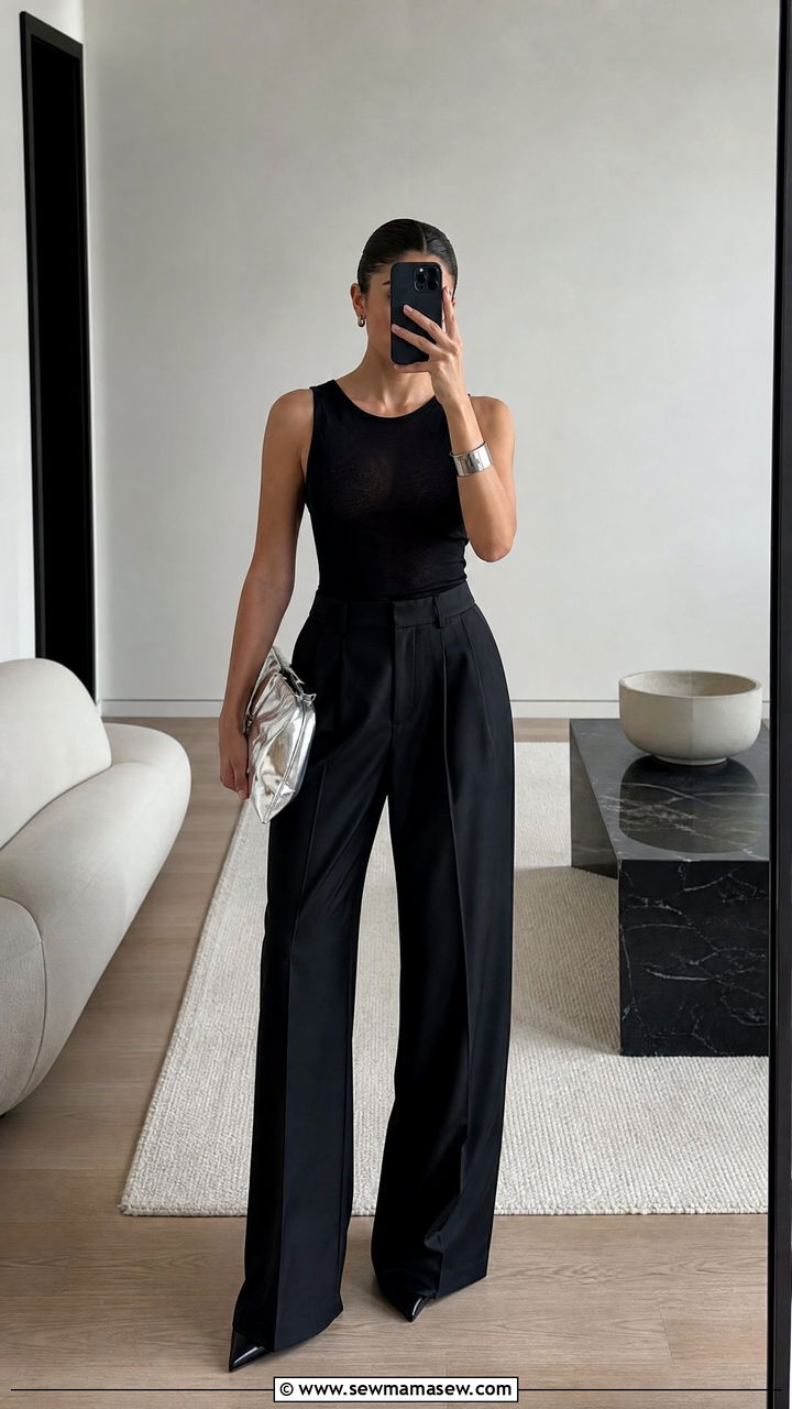 Black Wide Leg Pants with Black Tank Monochrome - 25 Wide leg black pants outfit ideas with a tank top