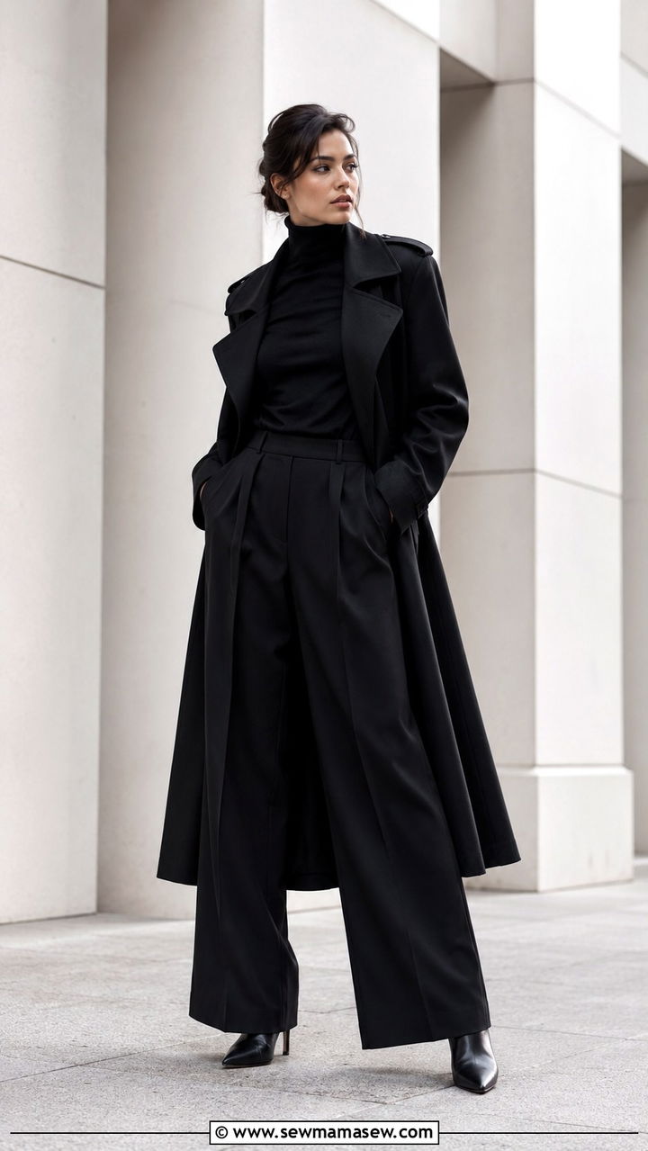 Black Wide Leg Pants with Black Trench Coat Monochrome Look - 25 Wide leg black pants outfit ideas with a trench coat