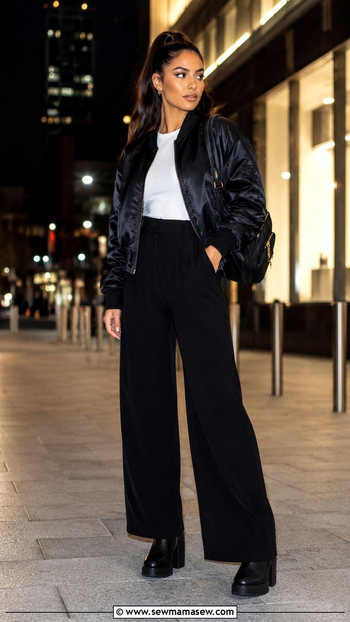Black Wide Leg Pants with Bomber Jacket and Chunky Heeled Boots - 25 Wide leg black pants outfit ideas with heels