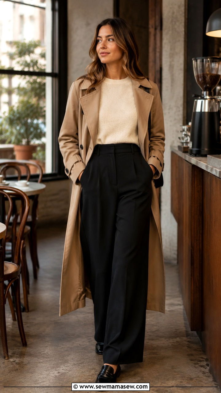 Black Wide Leg Pants with Camel Trench Coat and Cashmere Sweater - 25 Wide leg black pants outfit ideas with a trench coat