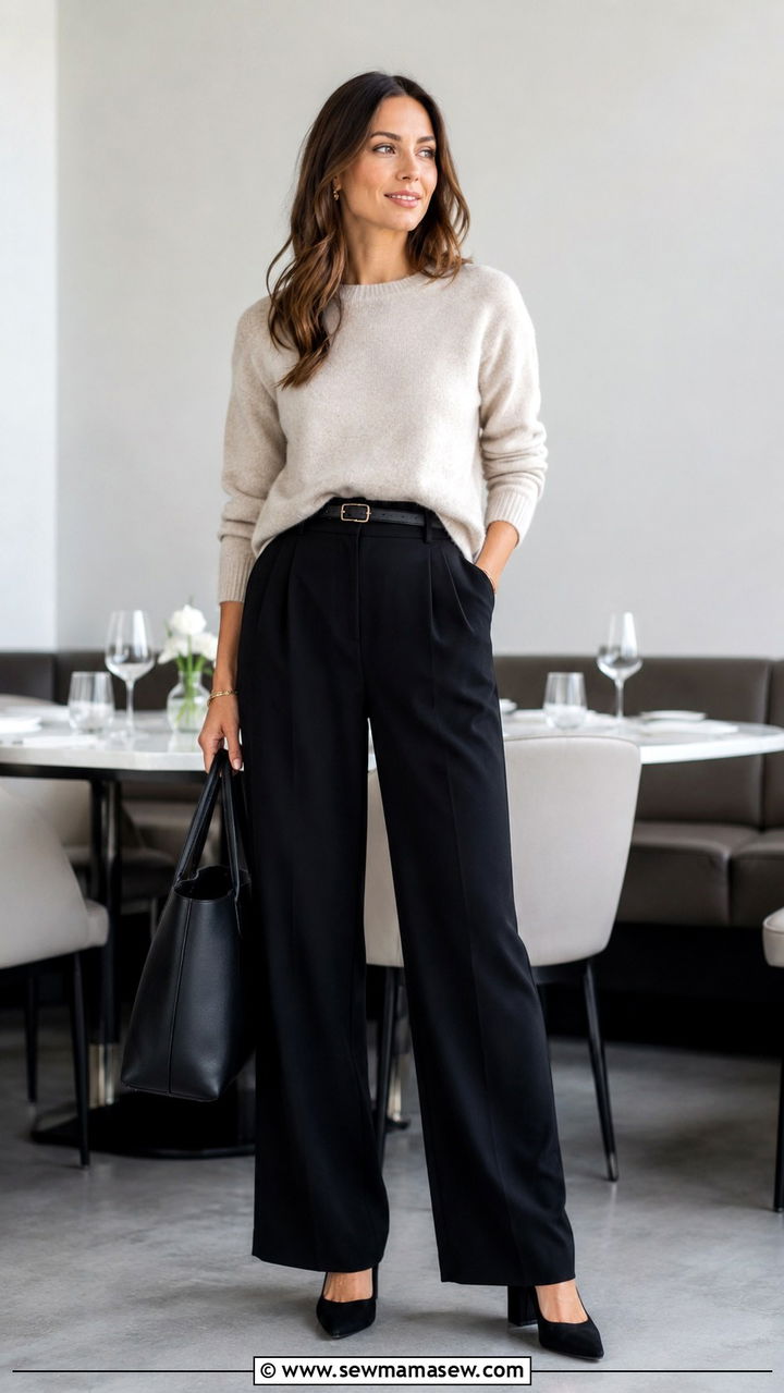Black Wide Leg Pants with Cashmere Sweater and Block Heel Pumps - 25 Wide leg black pants outfit ideas with heels