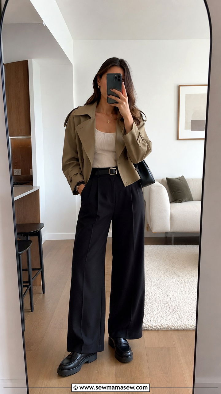 Black Wide Leg Pants with Cropped Trench Coat and Loafers - 25 Wide leg black pants outfit ideas with a trench coat