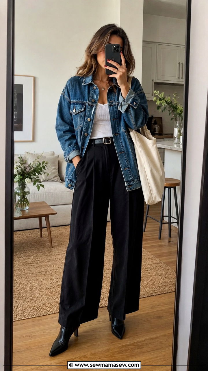 Black Wide Leg Pants with Denim Jacket and Heeled Ankle Boots - 25 Wide leg black pants outfit ideas with heels