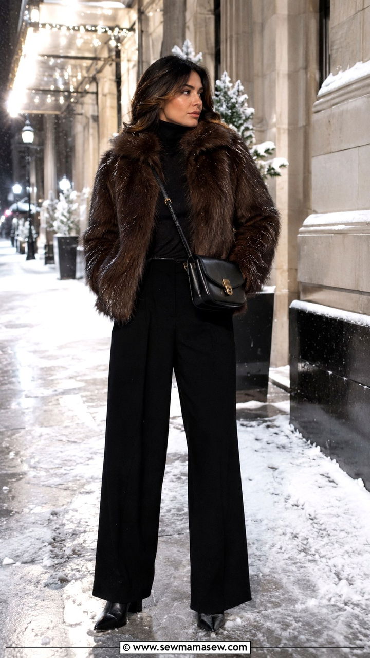 Black Wide Leg Pants with Faux Fur Coat and Heeled Ankle Boots - 25 Wide leg black pants outfit ideas with heels