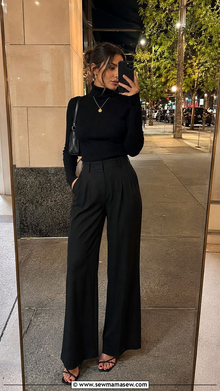 Black Wide Leg Pants with Fitted Black Turtleneck and Strappy Heels - 25 Wide leg black pants outfit ideas with heels