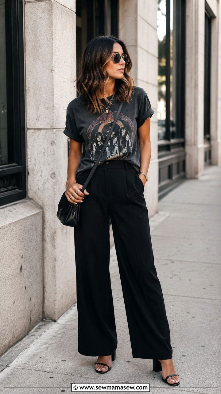 Black Wide Leg Pants with Graphic Tee and Heeled Sandals - 25 Wide leg black pants outfit ideas with heels