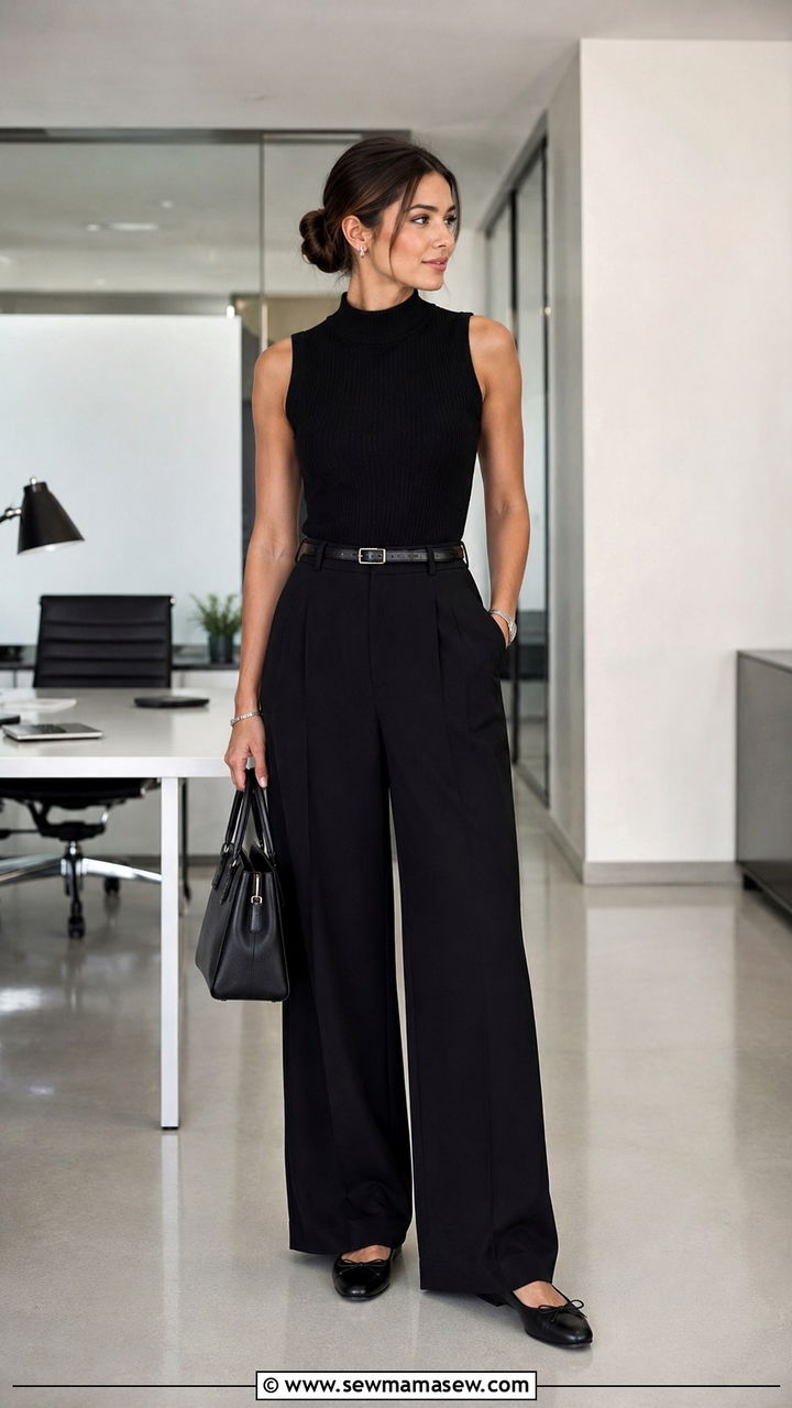 Black Wide Leg Pants with High Neck Tank and Ballet Flats - 25 Wide leg black pants outfit ideas with a tank top