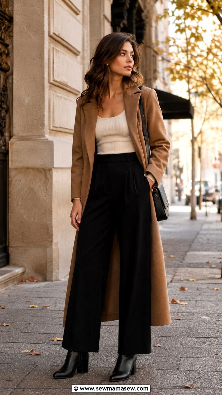 Black Wide Leg Pants with Knit Tank and Ankle Boots - 25 Wide leg black pants outfit ideas with a tank top