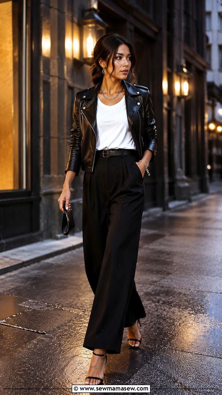 Black Wide Leg Pants with Leather Jacket and Ankle Strap Heels - 25 Wide leg black pants outfit ideas with heels