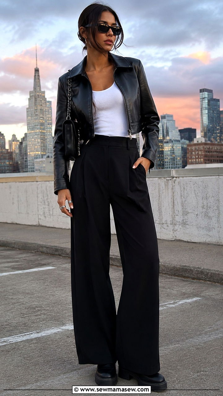 Black Wide Leg Pants with Leather Jacket and Tank - 25 Wide leg black pants outfit ideas with a tank top