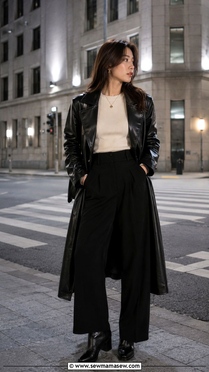 Black Wide Leg Pants with Leather Trench Coat and Knit Top - 25 Wide leg black pants outfit ideas with a trench coat